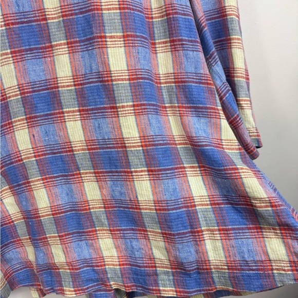 Flax Size Small Swing Tunic Top Blue Orange Plaid 100% Linen Back Button Design - Picture 5 of 8